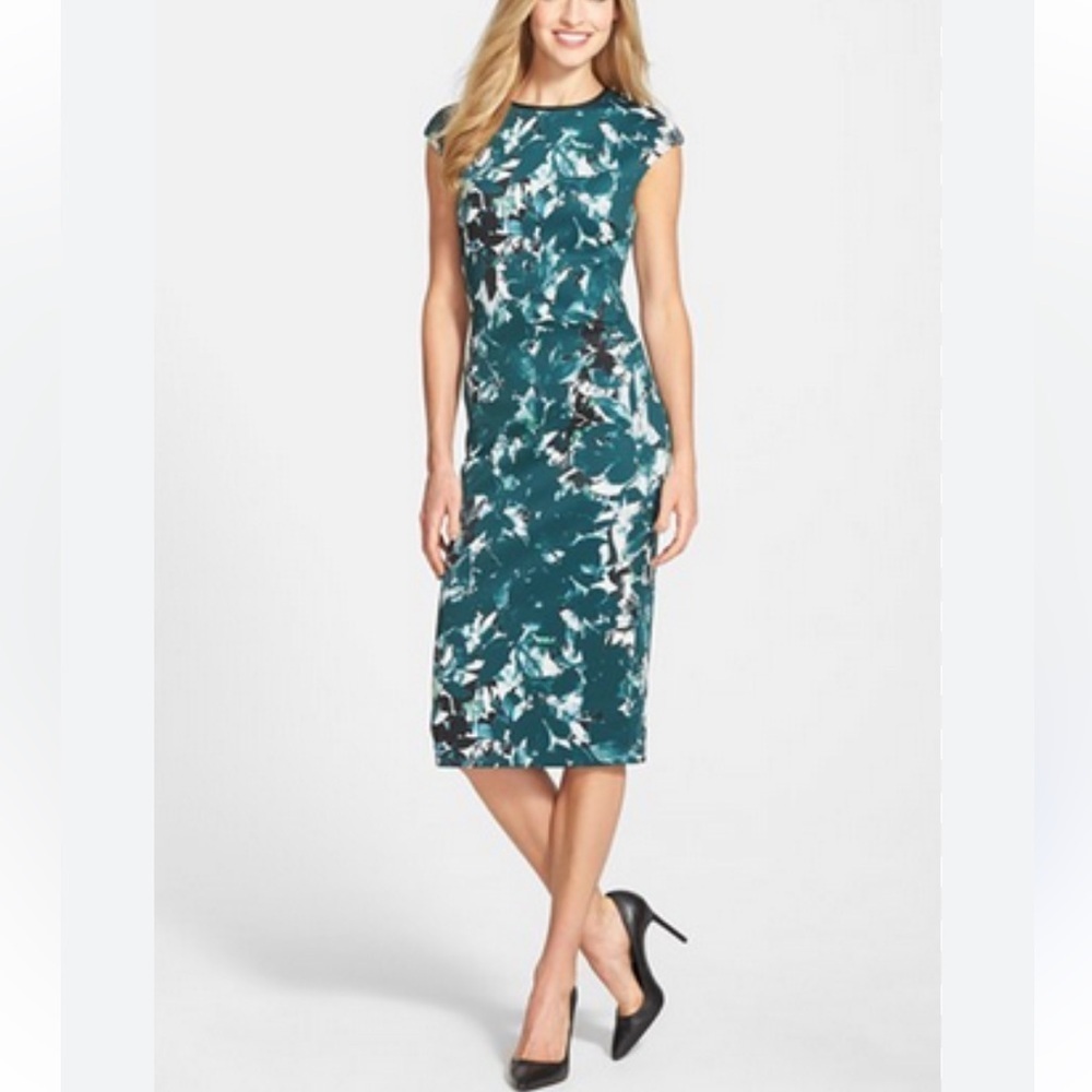 Maggy London  Green Sheath Dress W Black Abstract Design Back Zip Career Wear 8